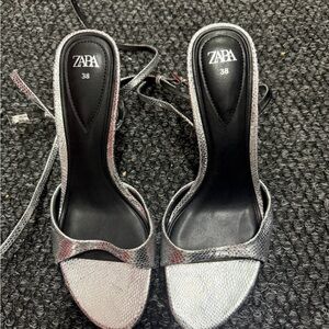 Zara Metallic Silver Heeled Sandals - Size 38
